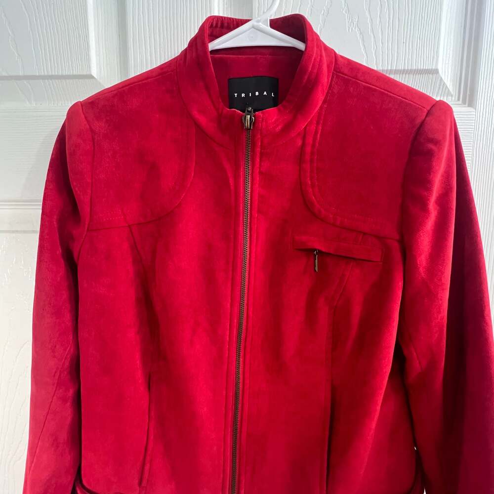 TRIBAL Womens Size 4 Petite Red Zip Front Faux Suede Jacket 4P Moto Style